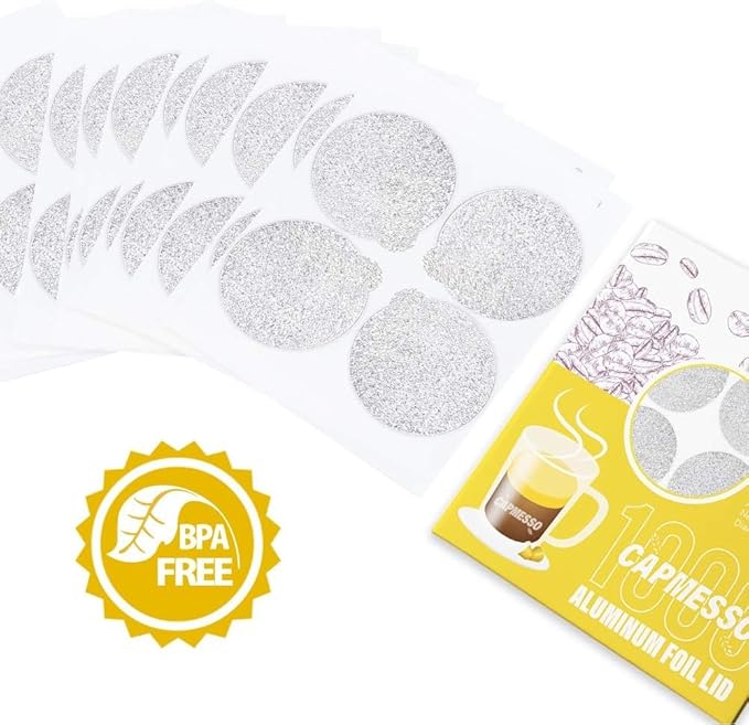 CAPMESSO Espresso Foils and Refillable Capsules-Seal Lids to Reusable Capsules Coffee Pod Compatible with Nespresso Original Line Machines (Silver -1000pcs Lids+6 pcs Pods)