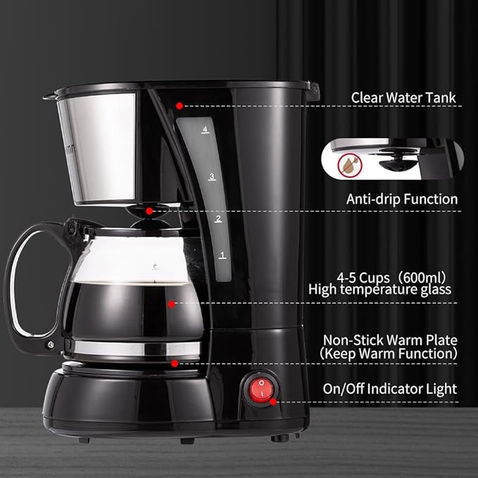 4 Cups Drip Coffee Maker, Coffee Pot Machine Permanent Coffee Filter, Mini,20Oz Electric Coffee Maker,650W Black and Stainless Steel