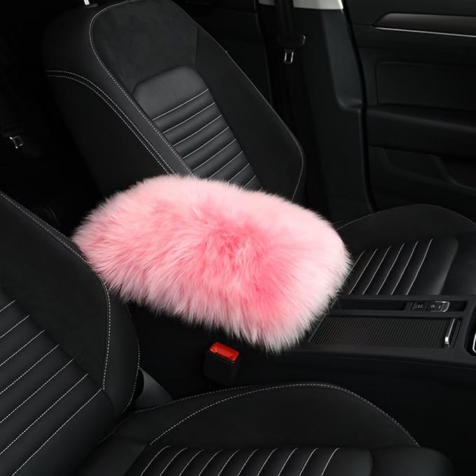 Wool Car Center Console Cover,Universal Fluffy Sheepskin Car Armrest Pad,Car Interior Accessory for Women Men,Armrest Cover Protector for Cars,Vehicles,SUV Pink