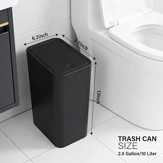 Compact Push-in Trash Can with Lid for Bathrooms, Kitchens, Living Rooms, Offices, Etc., Trash Can with Pop-Up Lid, 10 Liter/2.6 Gallon Slimline (Black)