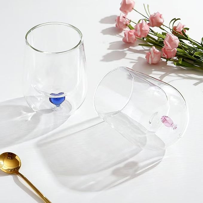 8.5oz Cute Love Mug,Couple cups, Double Wall Glass Coffee Glass Cup, Suitable for Valentine's Day, Mother's Day, Birthday Gifts for Girls (Blue Love)