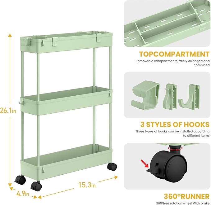 SPACELEAD 2-piece Set Slim Storage Cart 3 Tier,Bathroom Organizer Rolling Utility,Mobile Shelving Unit Slide Out for Office, Kitchen, Laundry Room & Narrow Places
