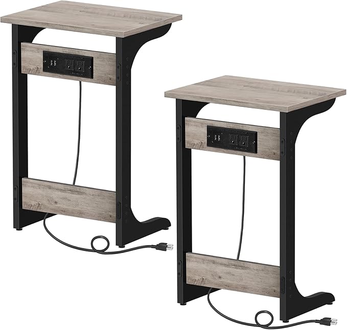 TUTOTAK C Shaped End Table With Charging Station, Set of 2, Couch Tv Tray With 2 USB Ports and Outlets, Sofa Side Table for Small Spaces, Living Room, Bedroom TB01BG0442