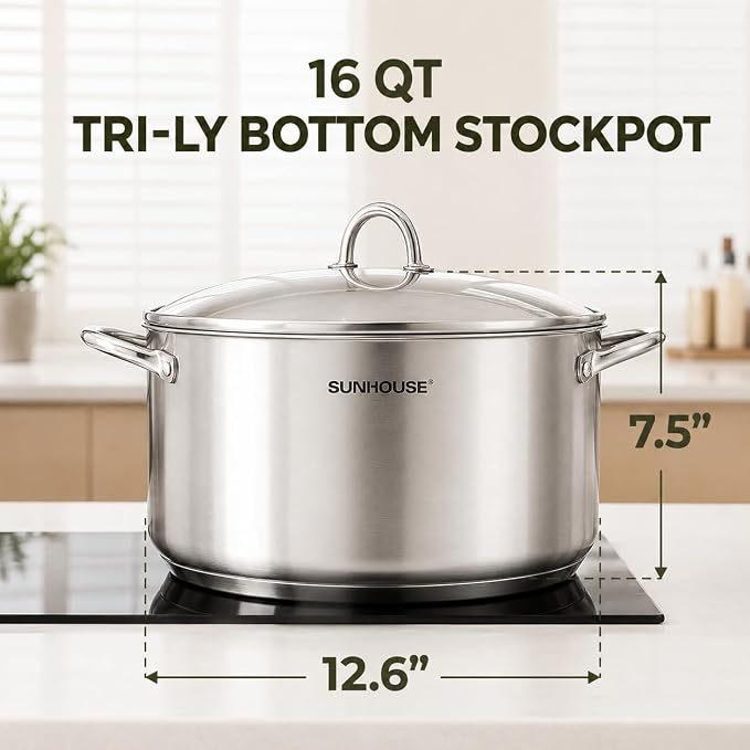 Sunhouse Stock Pot with Lid - 16 QT Large Pot for Cooking Pasta, Soup, Spaghetti - Impact Bonding Base Big Stainless Steel Pots for Canning, Boiling - Oven Safe & Induction Compatible Cookware