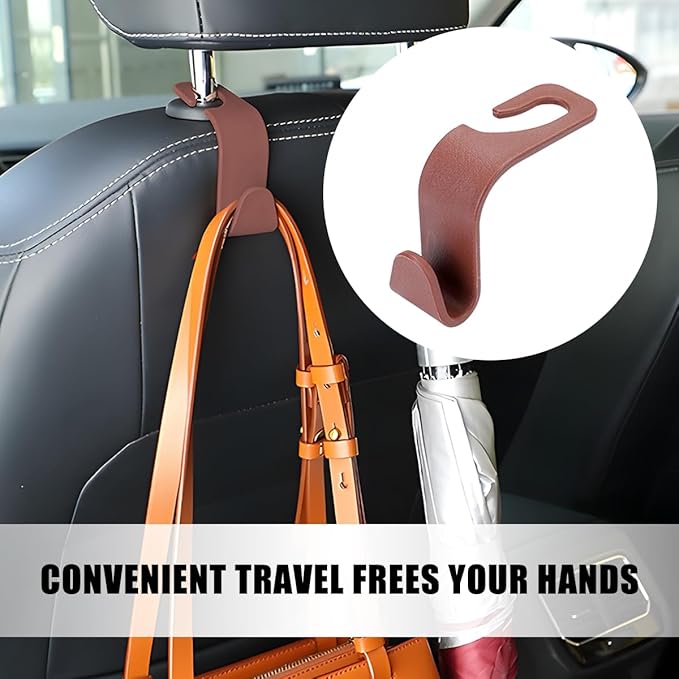 HZEL Car Seat Headrest Hook, 4PCS Vehicle Back Seat Hanger Hook for Purse Coat Umbrella, Multifunctional Auto Interior Storage Organizer Accessories, Universal for SUV RV Truck (Brown)