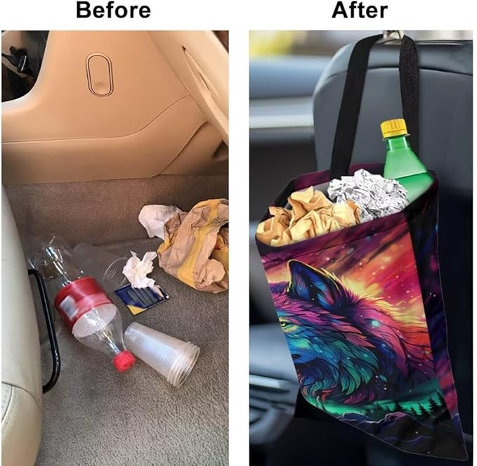 Wolf Car Garbage Bag, Hanging Car Trash Bag, Foldable Garbage Can for Front Back Seat, Multi-FunctionalRubbish Bag Storage Pocket, Car Accessories