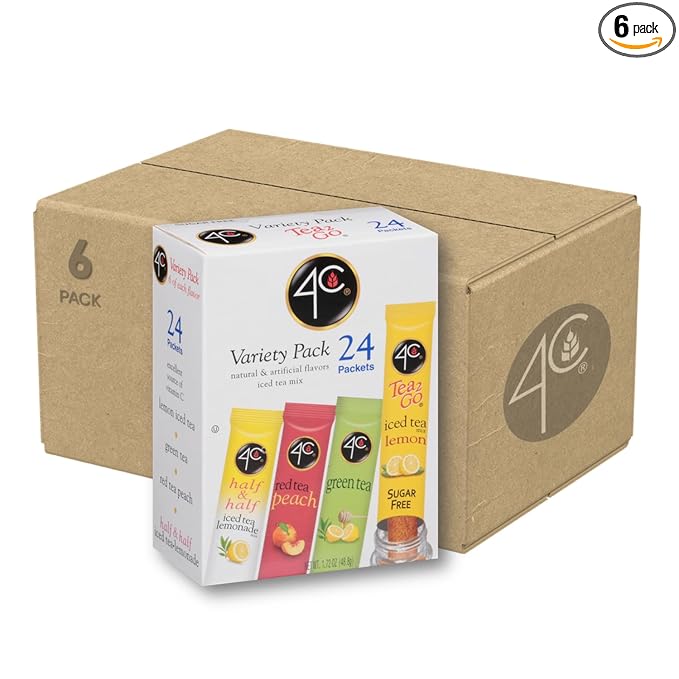 4C Powder Drink Mix Packets, Iced Tea Variety 6 Pack, 24 Count, Singles Stix On the Go, Refreshing Sugar Free Water Flavorings