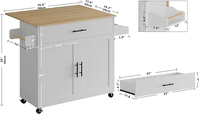 IRONCK Rolling Kitchen Island Table on Wheels with Drop Leaf, Storage Cabinet, Drawer, Spice/Towel Rack, Kitchen Cart, 47.25" Wide White