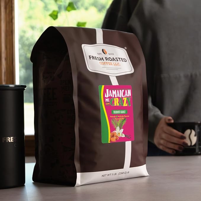 Fresh Roasted Coffee, Jamaican Me Crazy Flavored Coffee, 5 lb (80 oz), Medium Roast, Kosher, Ground
