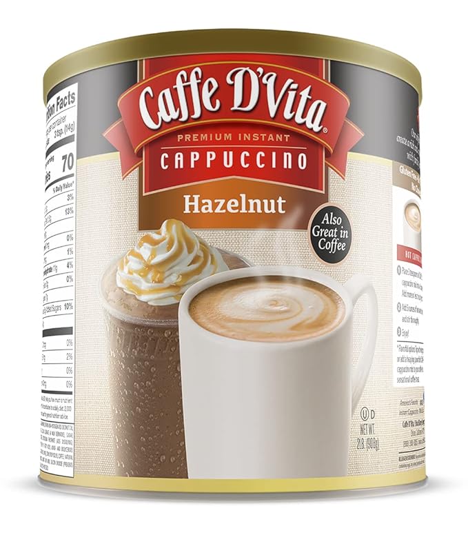 Caffe D'Vita Hazelnut Cappuccino Mix - Instant Coffee Powder Mix, Gluten Free, No Cholesterol, No Hydrogenated Oils, No Trans Fat, 99% Caffeine Free - 2 Lb Can