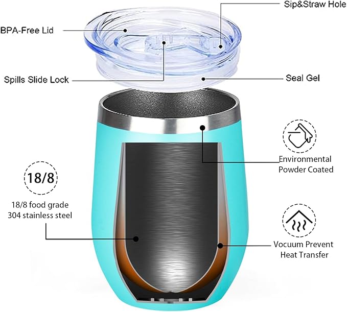 12 Oz Insulated Wine Tumbler with Lid Double Wall Vacuum Stainless Steel Wine Glass Coffee Mug Insulated Tumbler Cup for Champaign, Cocktail, Beer (Multi, 6 Pack)