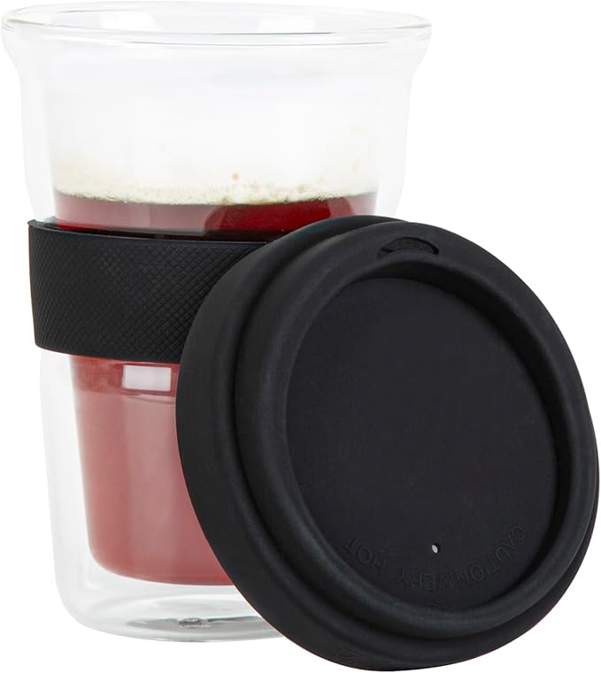 Restaurantware Glass Travel Mug 1 Count 14 Ounce Double Wall Borosilicate Reusable Coffee Cup, Spill-Resistant Black Silicone Lid, Clear Drinkware Mug for Hot and Cold Beverages
