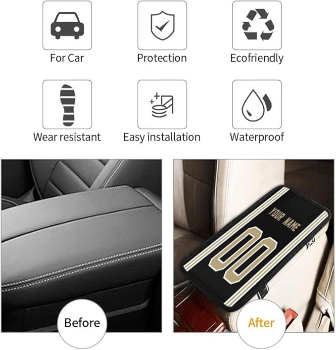 Custom Car Armrest Cover,Add Personalized Name and Number As Gifts for Loyal Football Fans,American Football Auto Center Console Pad Car handrail Box Cushion,Fit for Most Car Seat Box Cover Protector