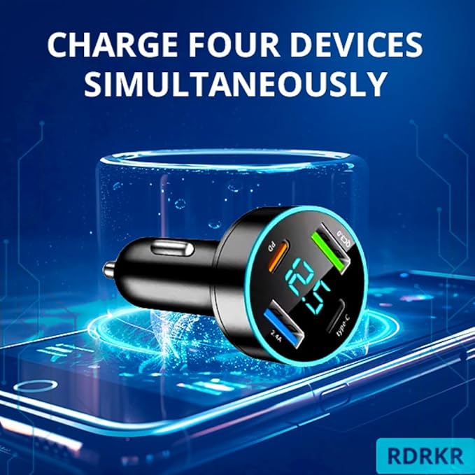 66W Fast Car Charger 4-Port USB C – PD 20W + QC 3.0 + 2 USB 2.4A, Cigarette Lighter Adapter with LED Voltage Meter, Compatible with iPhone 15/14/13, Samsung Galaxy, iPad & Android Devices RDRKR