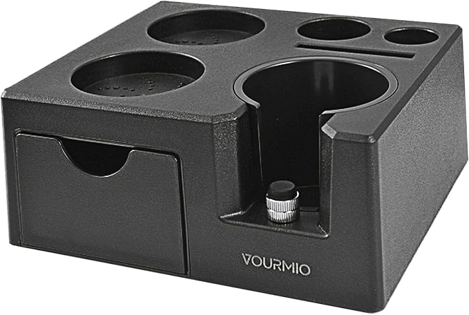 Espresso Tamping Station - 7 in 1 Espresso Coffee Organizer Box Fits for Storage 51/54/58MM Espresso Tamper, Distributor, Portafilter and Puck Screen Accessories, Plastic Tamp Station, Black