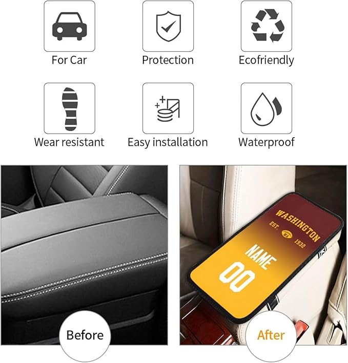 Custom Car Armrest Cover,Add Personalized Name and Number As Gifts for Loyal Football Fans,Auto Center Console Pad Car handrail Box Cushion,Fit for Most Car