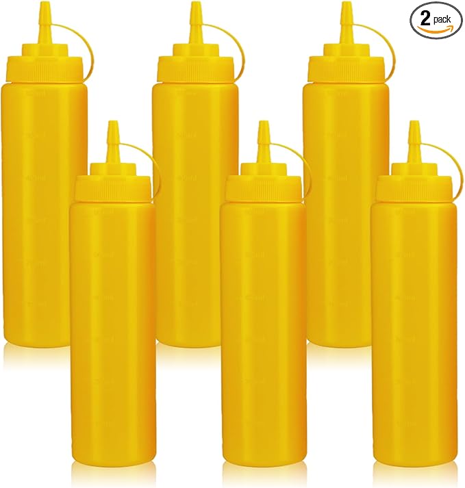 Squeeze Bottles for Sauces,Leak-Proof Condiment Dispenser, BPA-Free Kitchen Restaurant Squeeze Bottle Set with Wide Mouth for Ketchup, Mustard,Syrup,Dressings (Yellow, 6Pack-24oz(600ml))