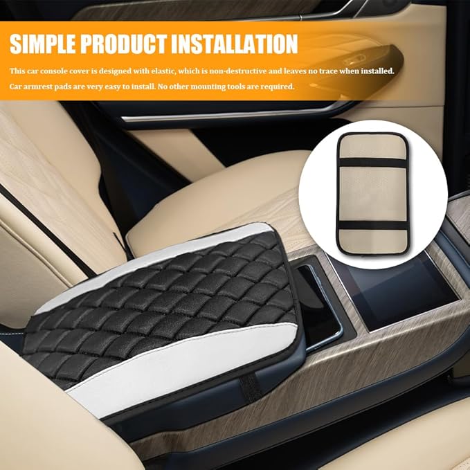 Car Center Console Cover, Leather Waterproof Armrest Seat Box Cushion Pad, Universal Decor Protector Mat, Comfortable Car Decor Accessories Fit for Most Cars, Vehicles, SUVs (White)