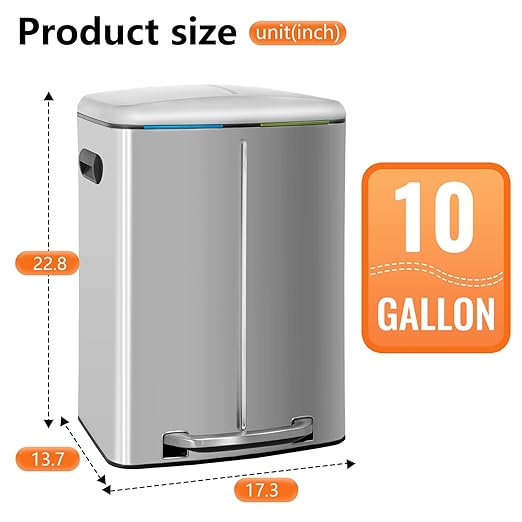 PayLessHere Dual Compartment Trash Can with Lid Removable Inner Bucket Foot Pedal Soft Close for Office Home Kitchen Garbage Can Trash Bin (Stainless Steel, 10 G)