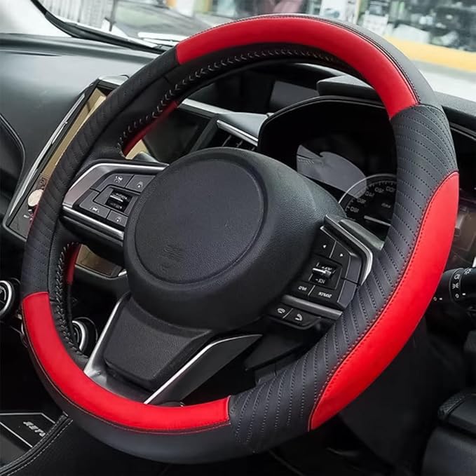 AUCELI Car Steering Wheel Cover, 14 1/2"-15" Leather Non-Slip Breathable Elastic Automotive Steering Wheel Protector, Sporty Car Accessories for Women Men, Universal for SUV, Truck, RV
