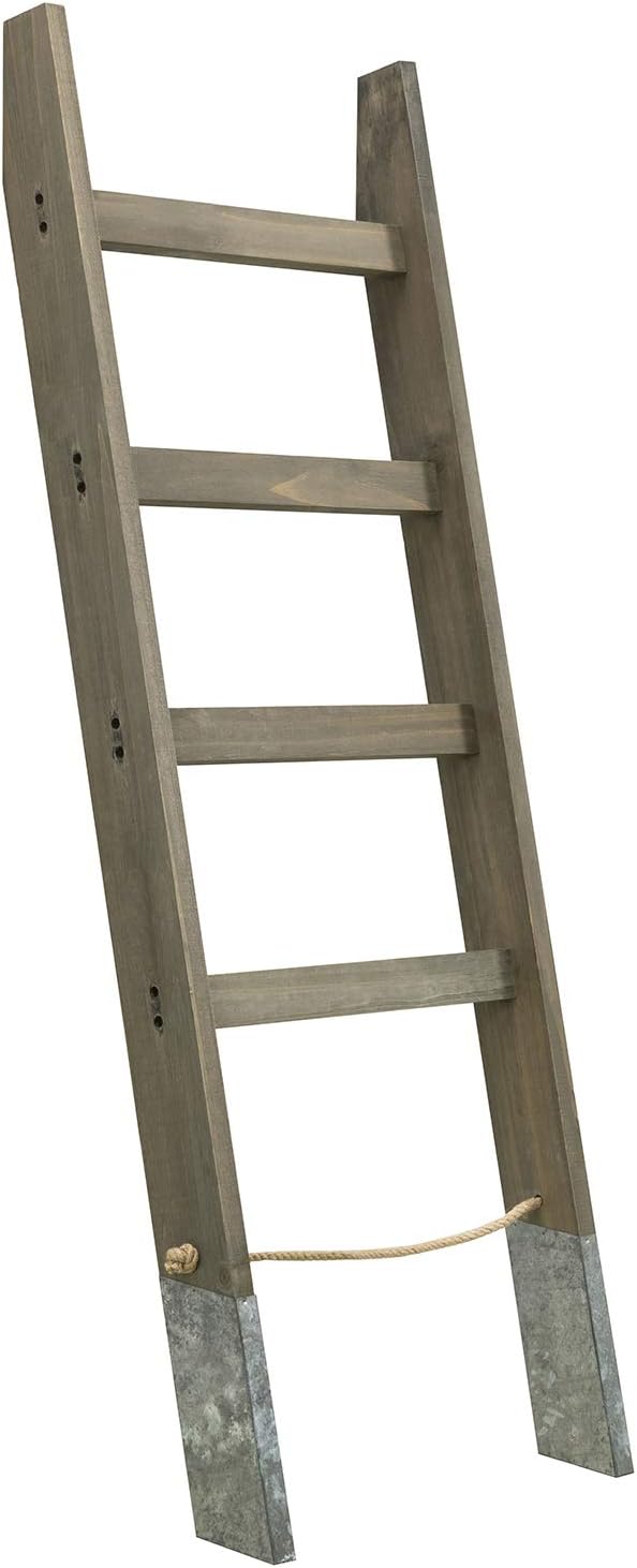 MyGift 55'' Wood Wall Leaning Blanket Ladder with 4 Rung, Farmhouse Living Room and Bathroom Towel Rack with Decorative Rustic Galvanized Silver Metal Legs and Rope
