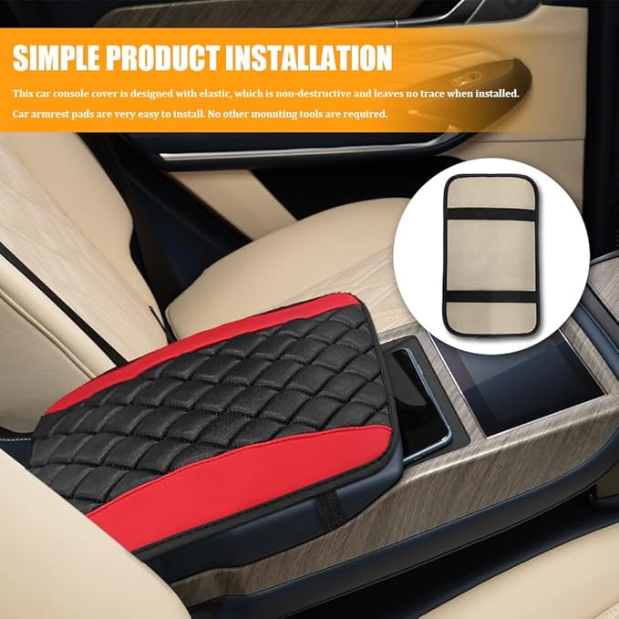 Car Center Console Cover, Leather Waterproof Armrest Seat Box Cushion Pad, Universal Decor Protector Mat, Comfortable Car Decor Accessories Fit for Most Cars, Vehicles, SUVs (Red)