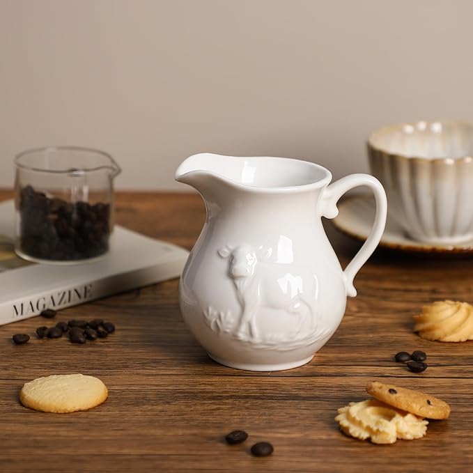 CHOOLD Pure White Ceramic Creamer with Handle,Coffee Milk Creamer Pitcher, Serving Pitcher Sauce-Cow