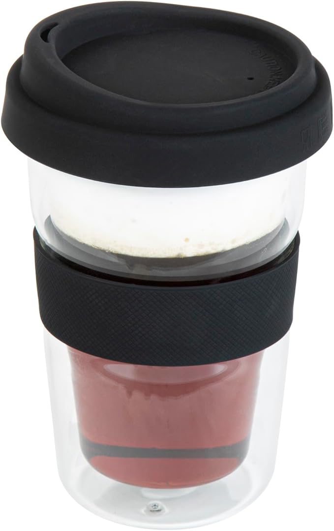Restaurantware Glass Travel Mug 1 Count 14 Ounce Double Wall Borosilicate Reusable Coffee Cup, Spill-Resistant Black Silicone Lid, Clear Drinkware Mug for Hot and Cold Beverages