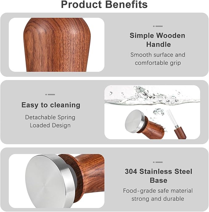 51mm Espresso Tamper & Stirrer Set Coffee Calibrated Tamper with Excellent Quality Spring Loaded Flat 304 Stainless Steel Base Barista Wooden Handle Press and WDT Tool for Espresso Machine Accessories