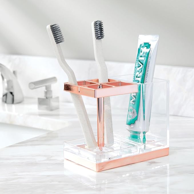 mDesign Plastic Toothbrush and Toothpaste Storage Organizer Holder - Home Decor for Bathroom Countertop - Holds Toiletries and Beauty Accessories - Lumiere Collection - Clear/Rose Gold