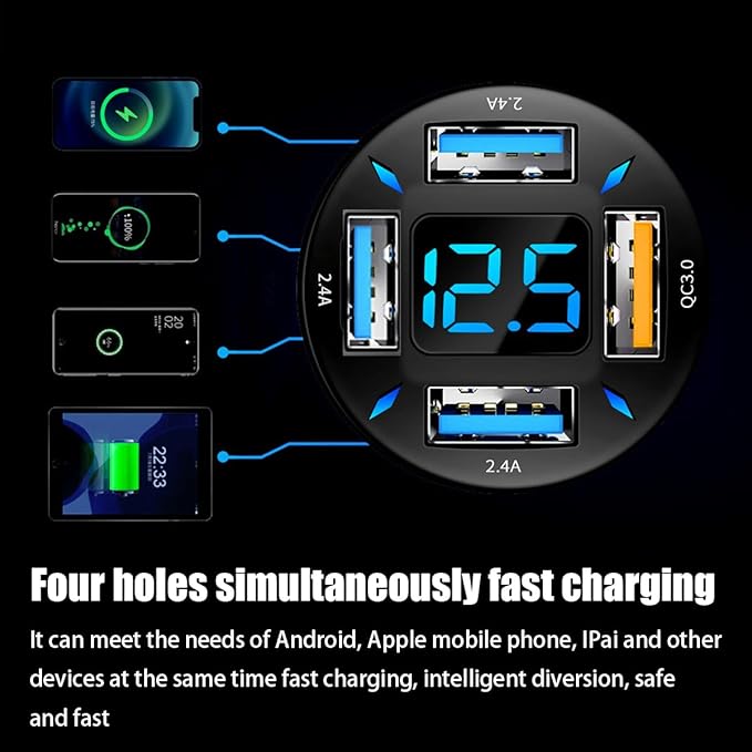 4 Ports USB Car Charger, 66W Super Fast Charging with QC 3.0, PD 20W and USB 2.4A Charger Adapter, Quick Charge with LED Voltmeter, Auto Cigarette Lighter Plug (QC3.0, 2PCS)