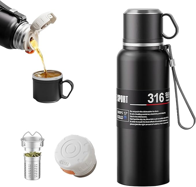 Double wall vacuum Leakproof stainless steel wide mouth insulated water bottle;tea tumbler with tea strainer infuser basket,cup and lid; travel coffee thermoses hot drinks;portable cold thermal flask