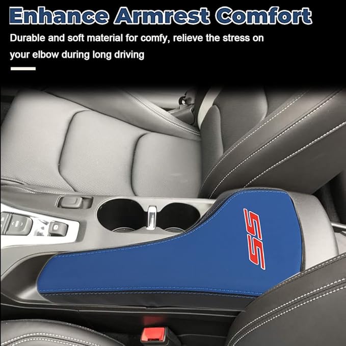 BOYOUS Armrest Cover Center Console Pad Full Protection Console Leather Arm Rest Interior Accessories Fit for Chevrolet Camaro 2016-2024-Blue+Black