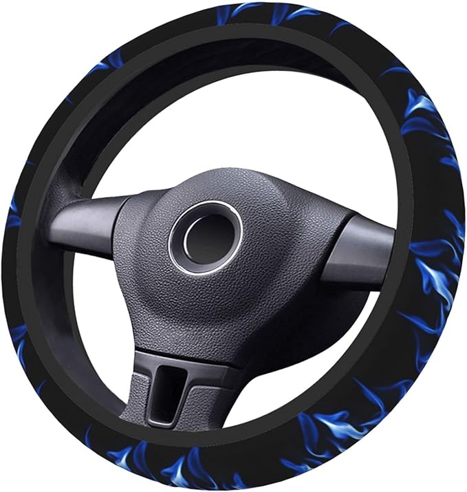 Blue Art Fire Flame Neoprene Steering Wheel Covers Women Men Car Accessories, Universal 15 Inch Fit Auto, Suvs, Truck