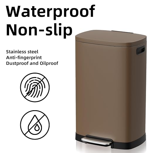 KdbK 13 Gallon Trash Can with Lid, 50L Fingerprint Proof Stainless Steel Kitchen Trash Can with Removable Inner Bucket and Lid Soft Close, Pedal Rubbish Bin for Home Office, Brown