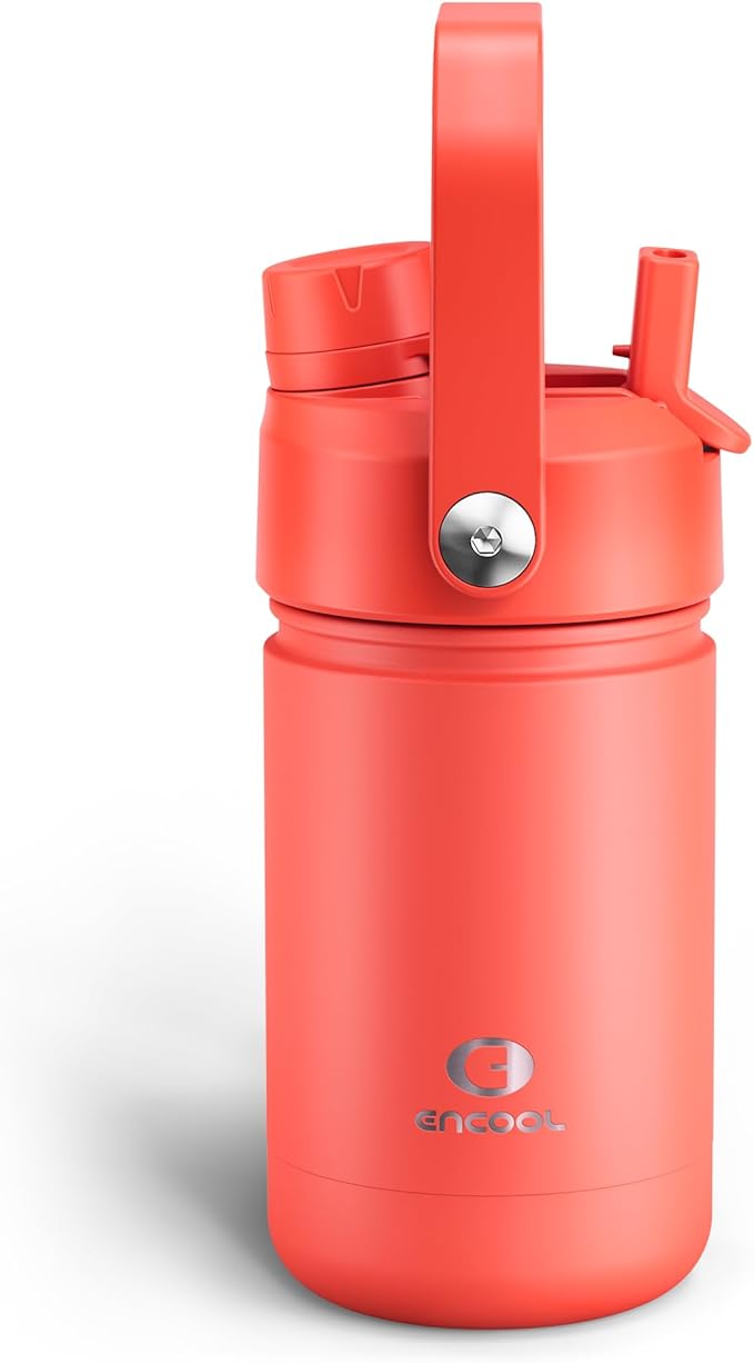 Kids Insulated Water Bottle with Straw - 12oz Stainless Steel Water Bottle with Dual Spouts, Leak-Proof, BPA-Free, Double Wall Vacuum Keeps Cold for 24 Hours for Sports, Travel, School (Tawny Orange)