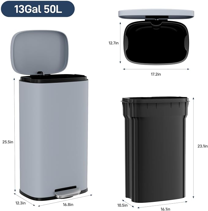 Arlopu 8/13.2 Gallon Step Trash Can, Stainless Steel Garbage Bin, Soft-Close Rubbish Bin with Removable Plastic Inner Bucket, Fingerprint-Proof, Lid Dustbin, Suit for Kitchen Home (Haze Blue, 50L)