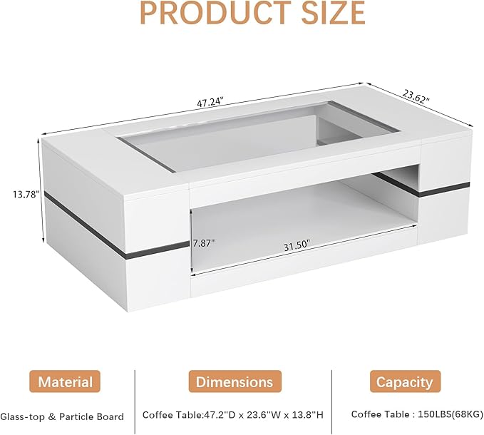 HedoAjim 47.2" Modern Stylish Coffee Table with Glass Table Top, Large Living Room Table Rectangular 2-Tier Center Tables with Storage, Wooden Tea Tables for Dining Reception Room, White