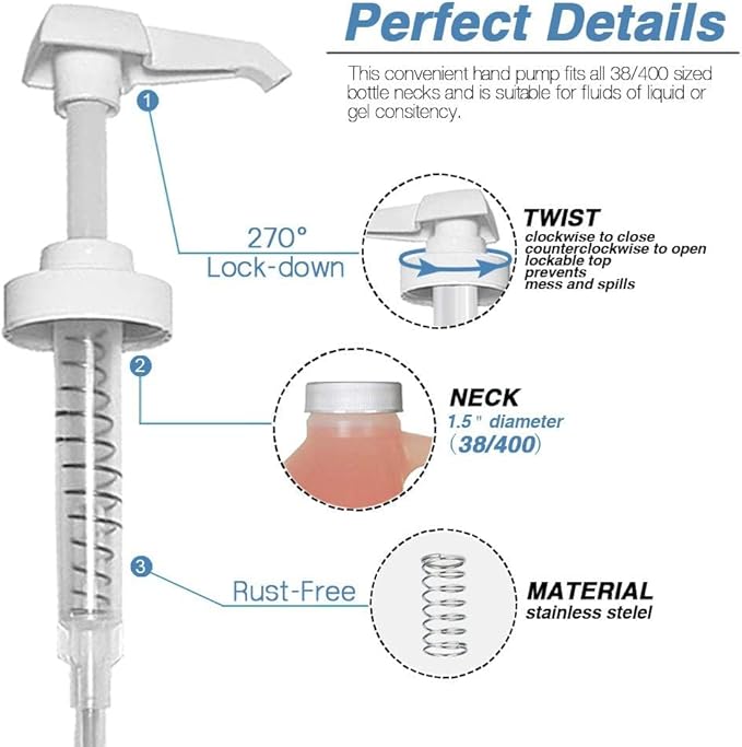 4 Pack Gallon Jug Pump Dispenser 38-400 White Pump for Gallon Jug Dispensing - 7cc Lotion Gallon Shampoo Pump Top Replacement, Fits 1 Gallon Bottle 64oz 128oz Hand Sanitizer Containers, Plus Labels