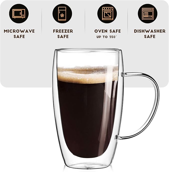 2-Pack 15 Oz Double Walled Glass Coffee Mugs with Handle,Large Insulated Layer Coffee Cups,Clear Borosilicate Mugs,Perfect for Cappuccino,Tea,Latte,Espresso,Hot Beverage,Wine,Microwave Safe