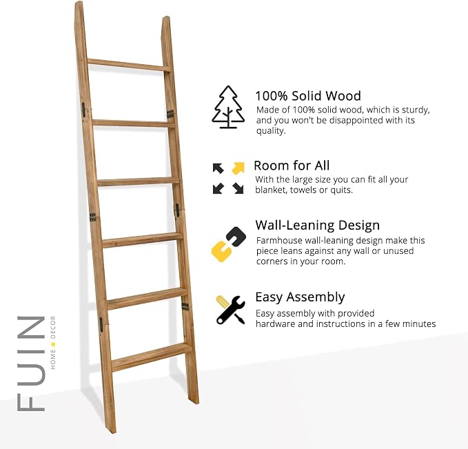 FUIN 5.5ft Wooden Blanket Ladder, Wood Towel Ladder, Rustic Decorative Ladder for Blankets, Farmhouse Quilt Rack for Living Room & Bathroom