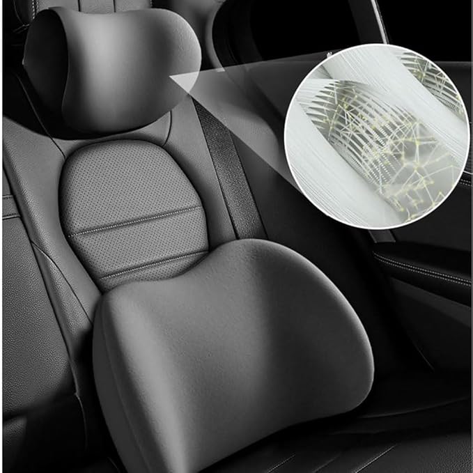 Car Seat Headrest Lumbar Support Kit for Tesla Model 3 2019-2023, Ergonomic Memory Foam Head Neck Pillow Back Cushion Drivers Travel Anti Fatigue,B/Coffee Color