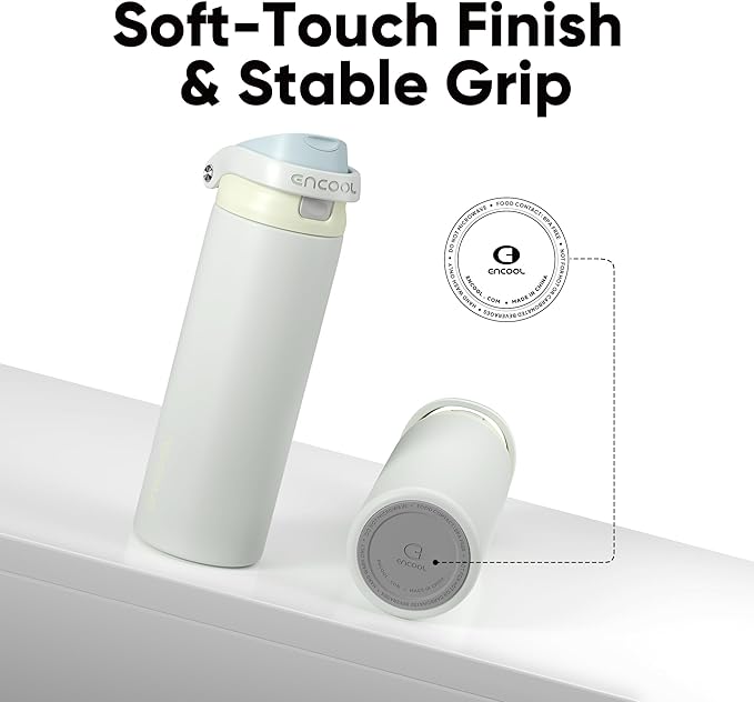 ENCOOL Leakproof Insulated Water Bottle with Straw Dual-Sip Water Bottle Bag-Safe Design for Work, Commute & Gym – Keeps Drinks Cold All Day, 24 oz, Cloud-Hill White