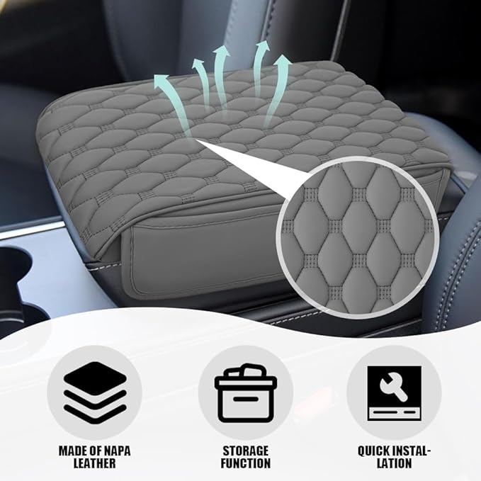 Upgraded Car Center Console Cover, Armrest Cover for Car, Waterproof Leather Auto Armrest Cover Protector with 2 Pocket, Comfortable Arm Rest Box Cushion Pad for Vehicles, Trucks (Grey)
