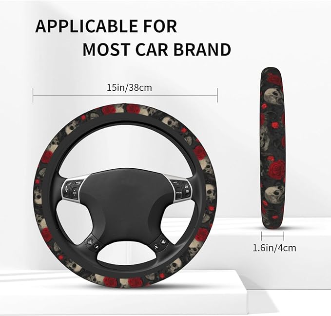 Halloween Skull Steering Wheel Cover Elastic Non-Slip Car Steering Wheel Covers with Seat Belt Shoulder Pad for Women Men