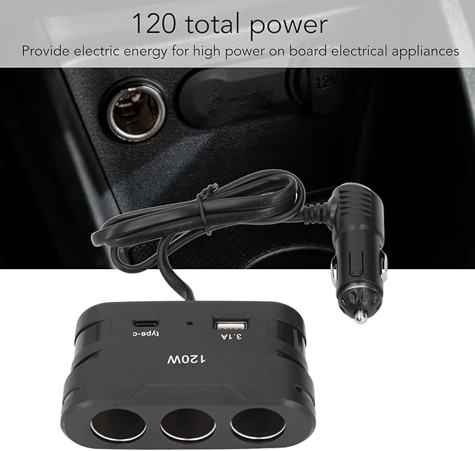 Tyenaza Cigarette Lighter Plug Splitter Adapter 1 to 3 3 Socket Multi Port Power Plug Car Charger TYPE C with USB 12V 24V 120W