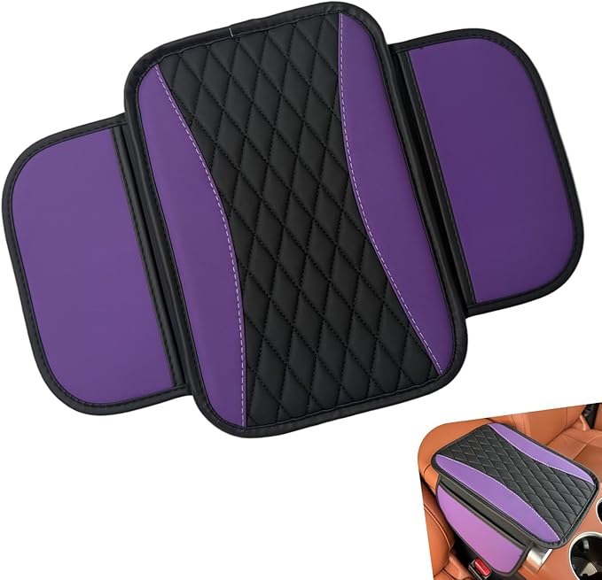 Car Center Console Cover, Patchwork Leather Armrest Cover Cushion with 2 Storage Bag, Waterproof Comfortable Auto Arm Rest Pad, Universal Center Console Protector for Sedan, SUV (Purple)