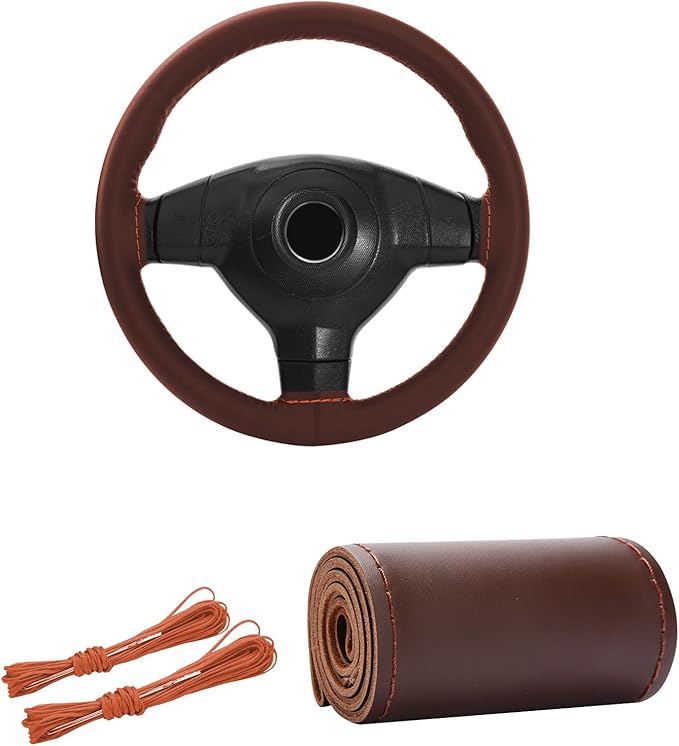 Kewucn Genuine Leather Steering Wheel Cover, 15" Universal Car Steering Wheel Protector with Needle Thread, Breathable Anti-Slip Steering Wheel Cover DIY Stitch on Wrap (Coffee, Glossy)