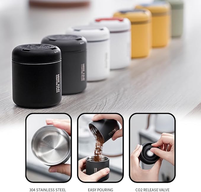 watchget Portable Mini Airtight Coffee Canister for 1cup - Stainless Steel Coffee Bean Storage with CO2 Releasing Valves, Compact and Travel-Friendly Container for 1oz/30g Beans, Grounds, Green
