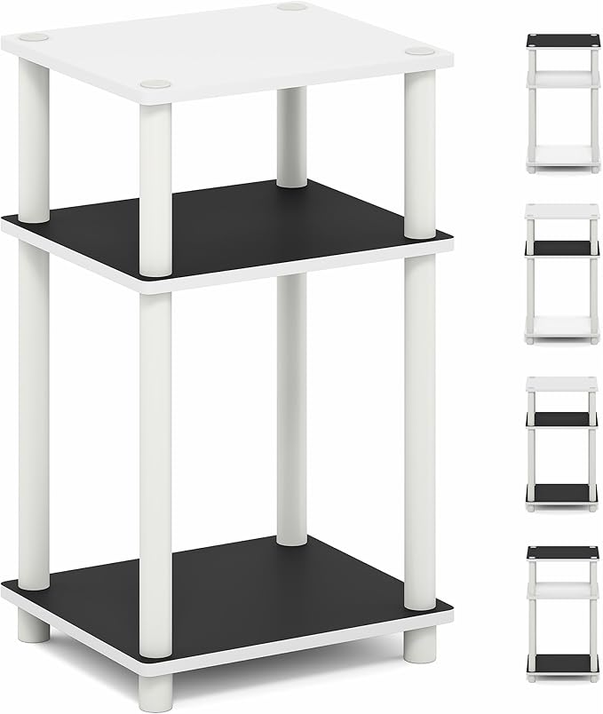 Furinno Turn-N-Tube Side Table, 3-Tier End Table with Open Shelf, Toolless Assembly Night Stand, Bedside Table, for Living Room, Bedroom, White Espresso